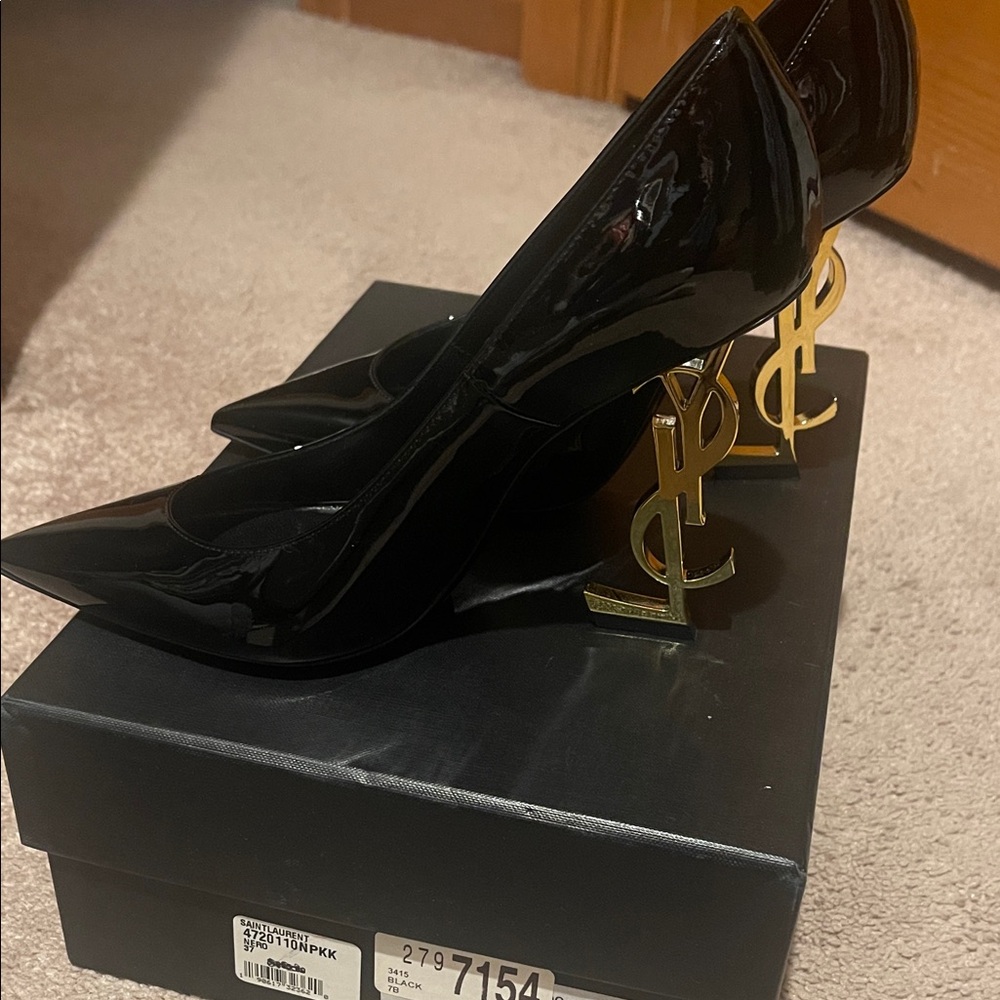 Black Patent Leather Heels with Gold Accent